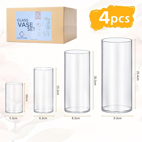 4-pack clear shatter-resistant glass vases in varying heights with floating candles and roses for wedding decor.