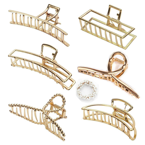 Large Metal Hair Claw Clips & Pearl Stretch Band Golden- 7 Piece