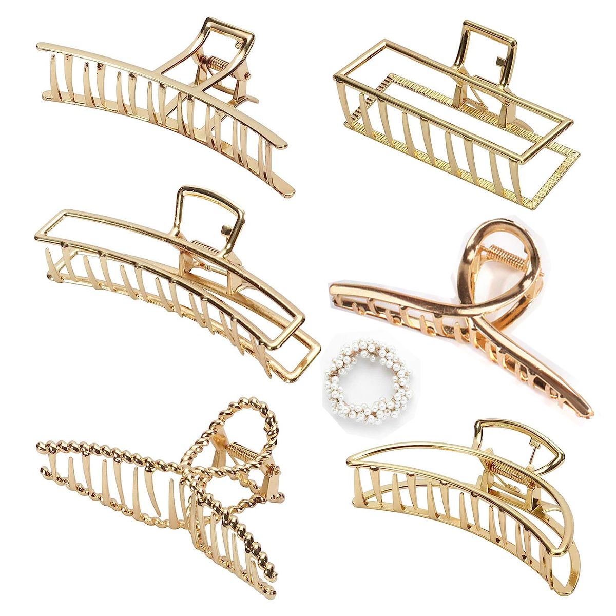 Cart In Mart Large Metal Hair Claw Clips & Pearl Stretch Band Golden- 7 Piece
