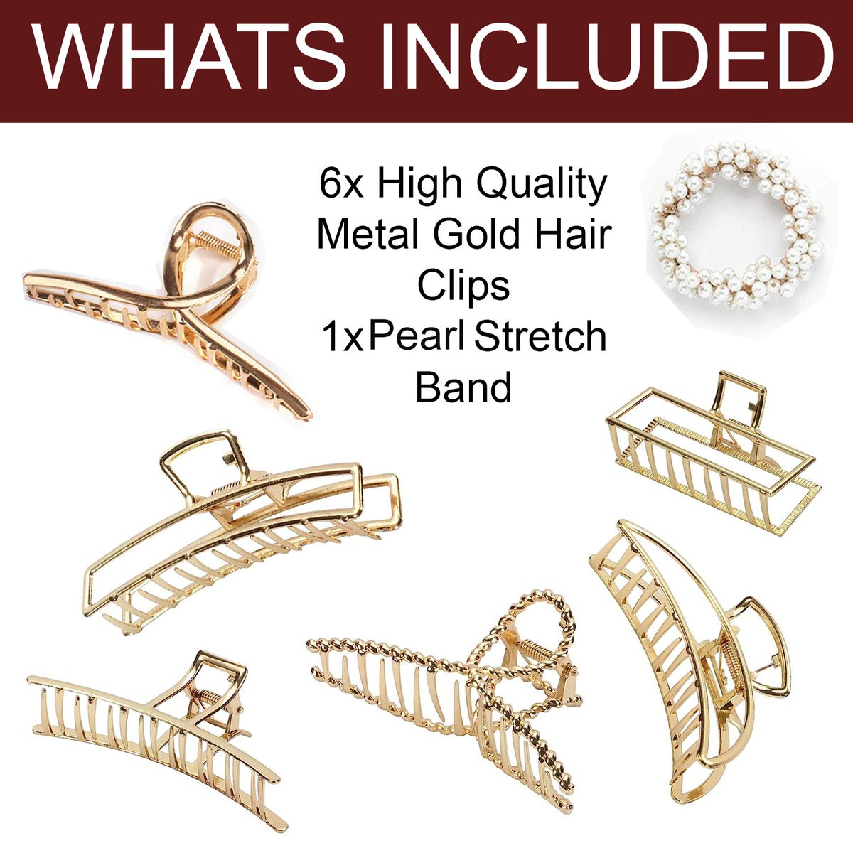 Cart In Mart Large Metal Hair Claw Clips & Pearl Stretch Band Golden- 7 Piece