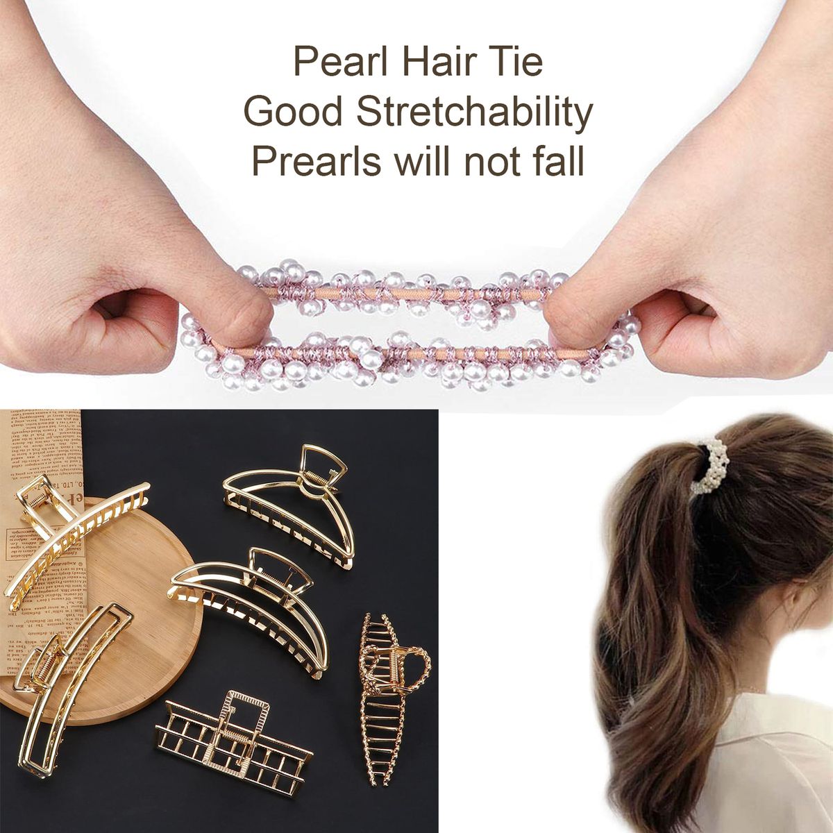 Cart In Mart Large Metal Hair Claw Clips & Pearl Stretch Band Golden- 7 Piece