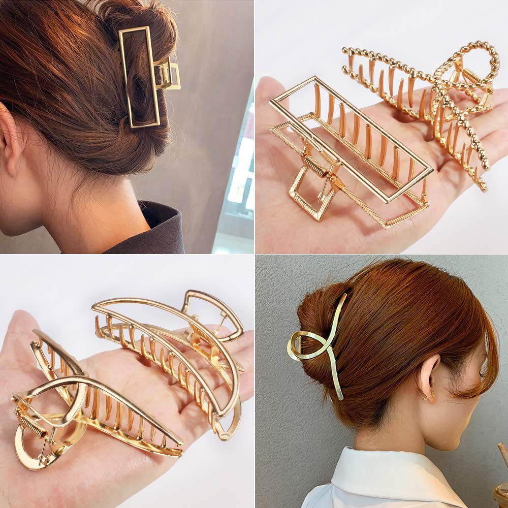 Cart In Mart Large Metal Hair Claw Clips & Pearl Stretch Band Golden- 7 Piece