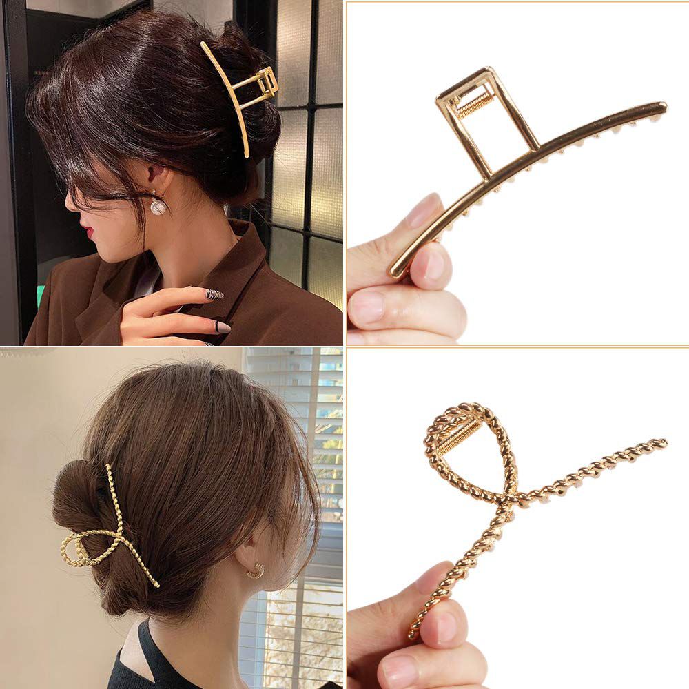 Cart In Mart Large Metal Hair Claw Clips & Pearl Stretch Band Golden- 7 Piece
