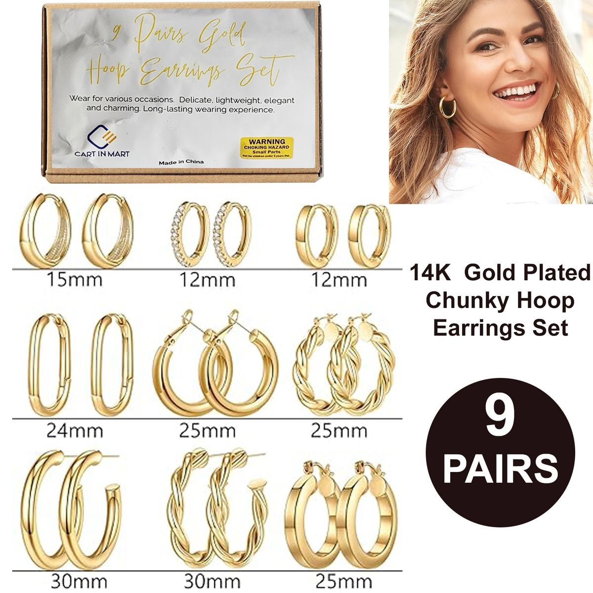 Cart In Mart 9 Pairs Hypoallergic Earrings For Women- 925 Sterling Silver & Gold Plated