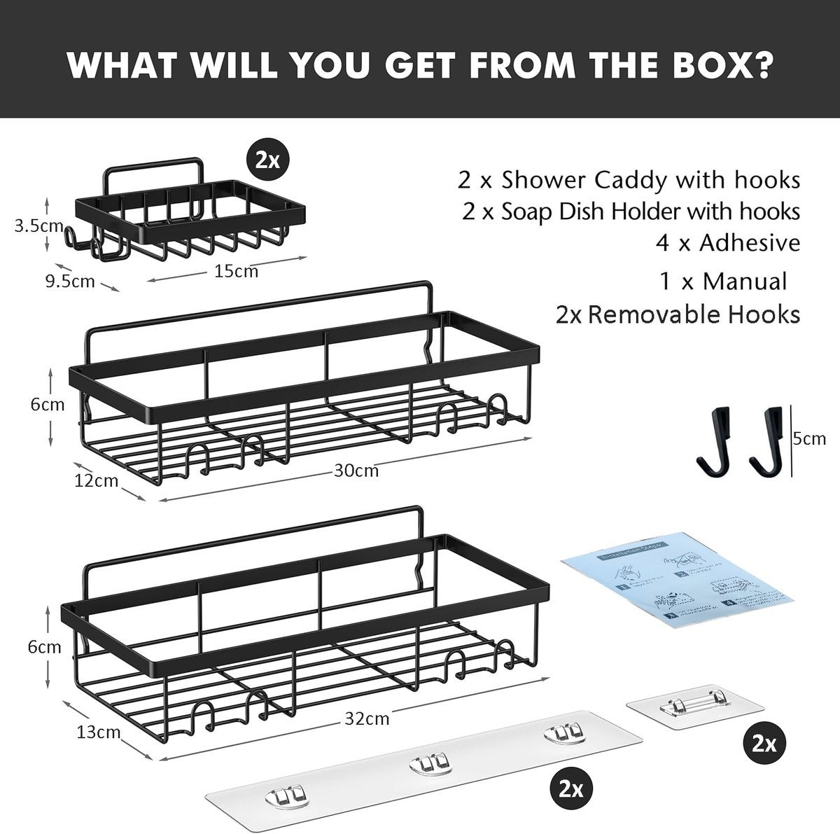 Cart In Mart Adhesive Shower Caddy No Drill Organiser with 2 Soap Holder, Hooks - 6 Piece