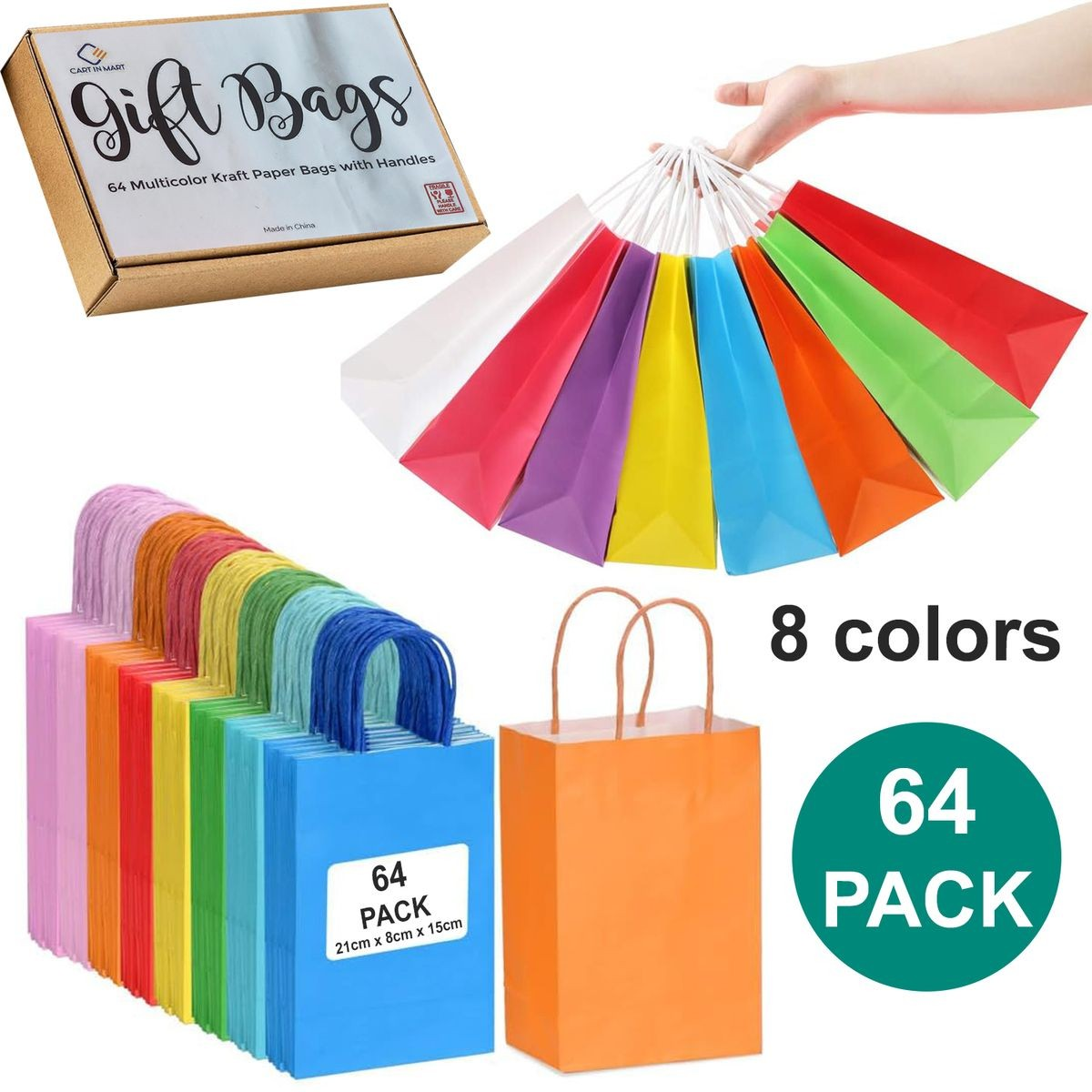 Cart In Mart 64 Pack Kraft Paper Gift Bags Bluk Party Favour In 8 Colours -Small