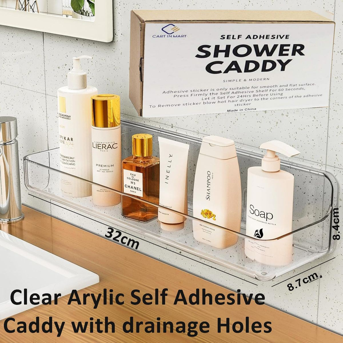 Cart In Mart Large Clear Acrylic Shower Caddy No Drill Wall Mounted Adhesive Shelf