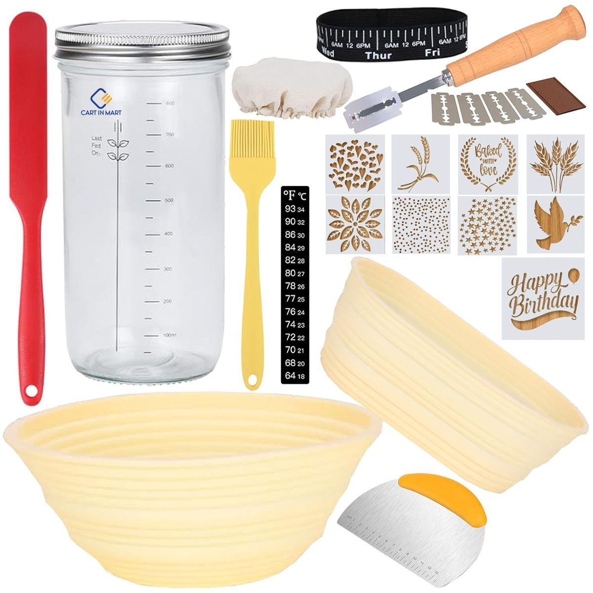 Cart In Mart Sourdough Starter Kit With Bread Proofing Basket,Glass Jar, Baking Supplies