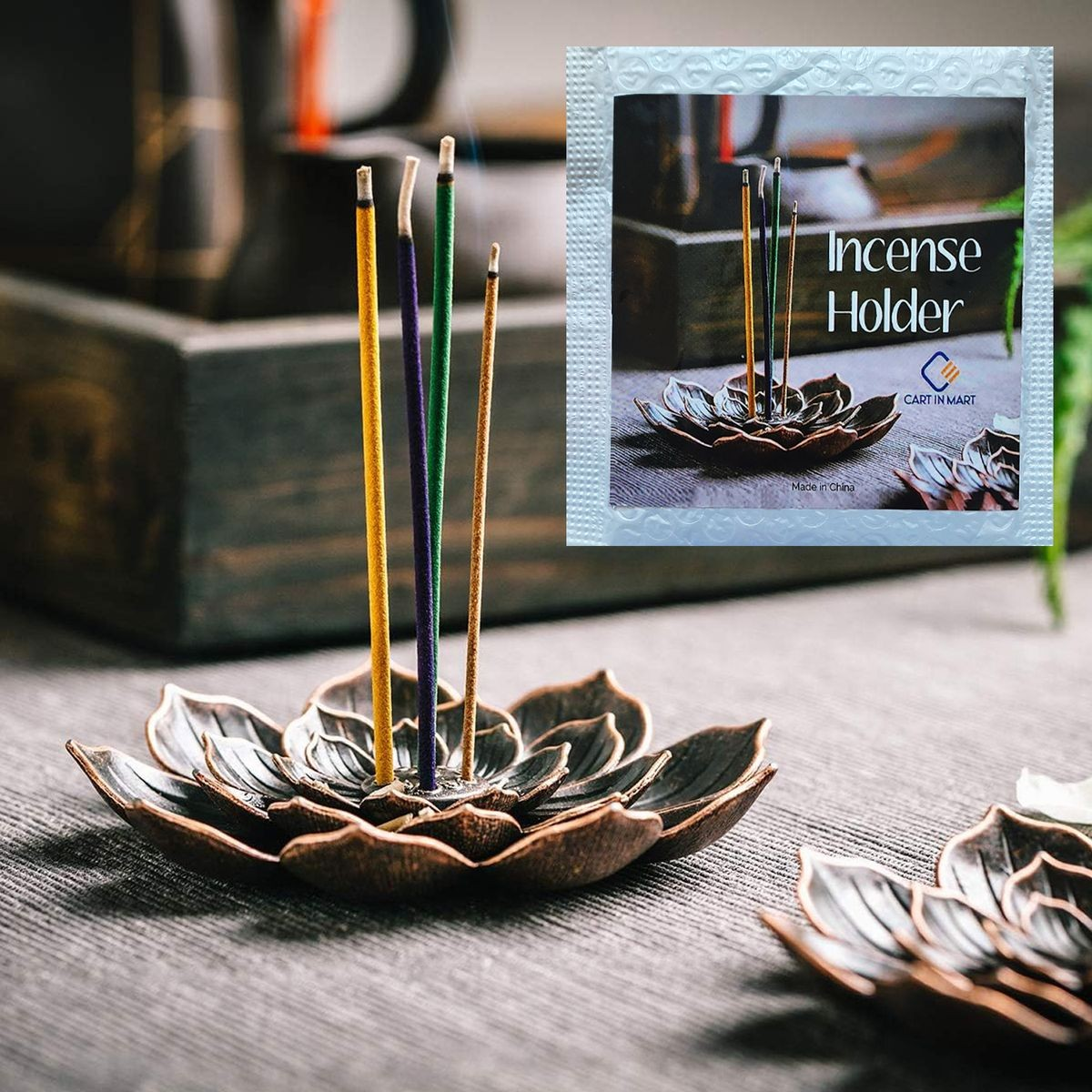 Cart In Mart Brass Lotus Incense Holder For Sticks With Ash Catcher Anti-Ash Burner Gift