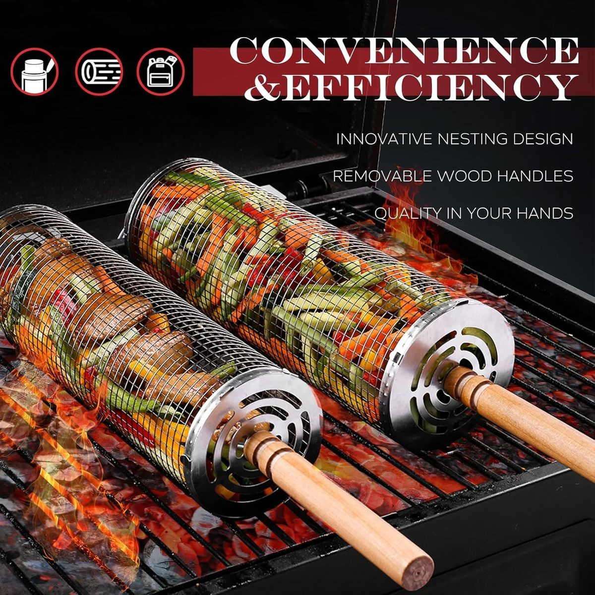 Cart In Mart 2 Pack BBQ Rolling Grill Baskets For Braai Grilling Wooden Handle-Men Gift