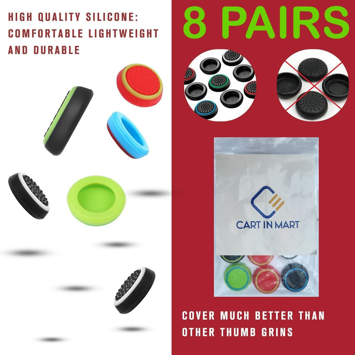 Cart In Mart 8 Pairs Silicone Thumb Grips Cover Caps For Controller Joystick- Universal