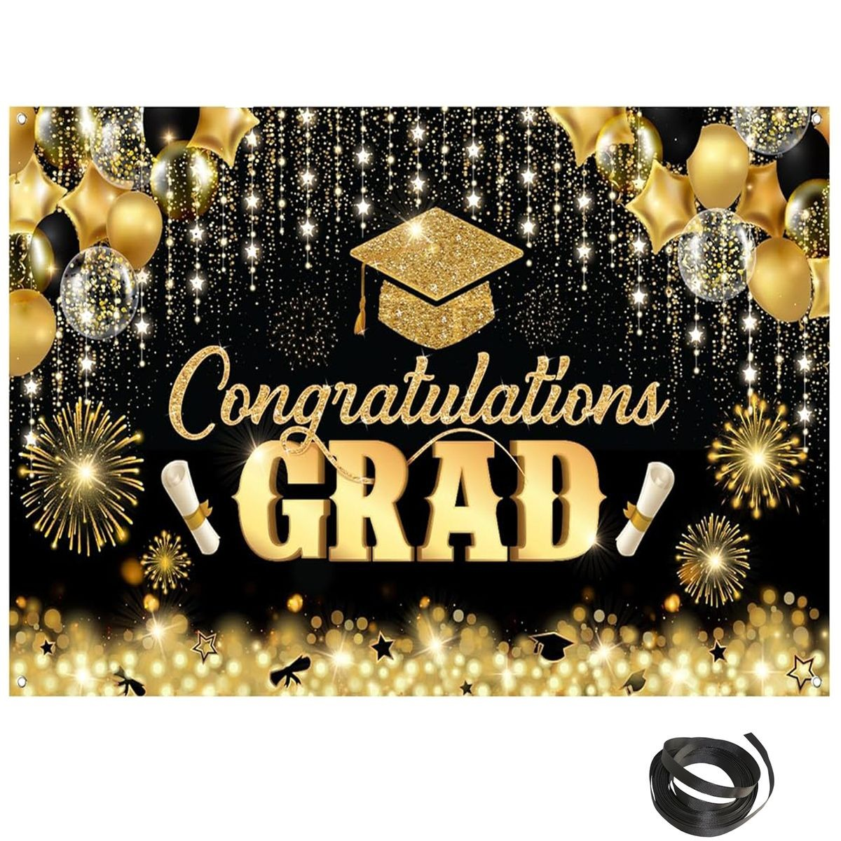 Cart In Mart Congratulations Graduation Banner Backdrop-180x110cm-Glitter Black & Gold