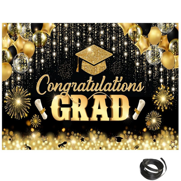 Congratulations Graduation Banner Backdrop-180x110cm-Glitter Black & Gold Cart In Mart