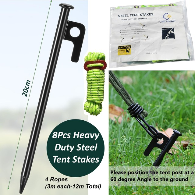 Cart In Mart 8 Pack Tent Stakes Heavy Duty 20cm Steel Pegs With 4 Ropes For Camping