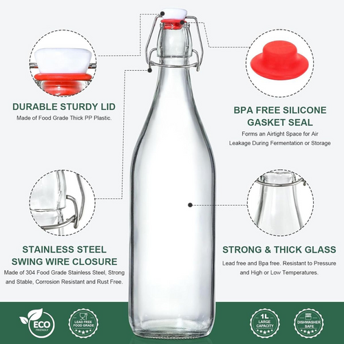 8-pack 1L reusable swing-top glass bottles with stainless steel flip-top lids and silicone seals