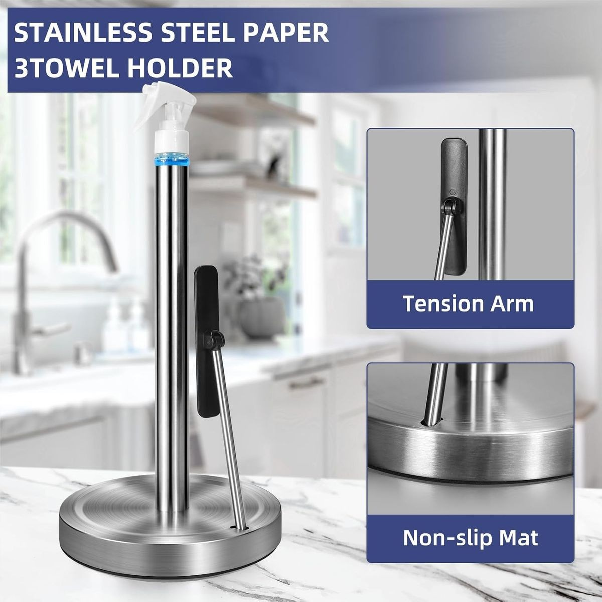 Cart In Mart Kitchen Paper Towel Holder Stainless Steel With Sprayer,Arm & Weighted Base
