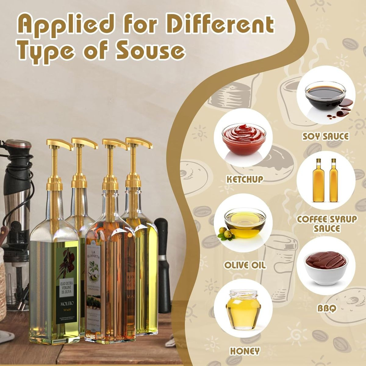 Cart In Mart 6-Pack Gold Squirt Coffee Syrup Pump Dispenser Kitchen Bar Bottles-750ml