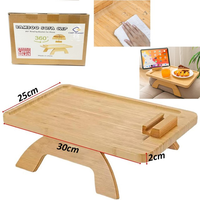 Cart in Mart Foldable Bamboo Couch Arm Tray Table with 360 Phone Holder For Sofa Side