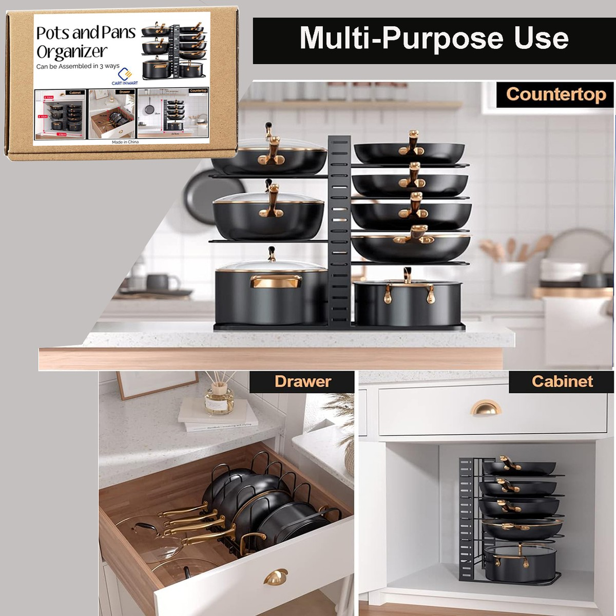 Cart In Mart 8 Tier Pot And Pan Organiser Rack Adjustable Under Or In Cabinet- 3 Methods