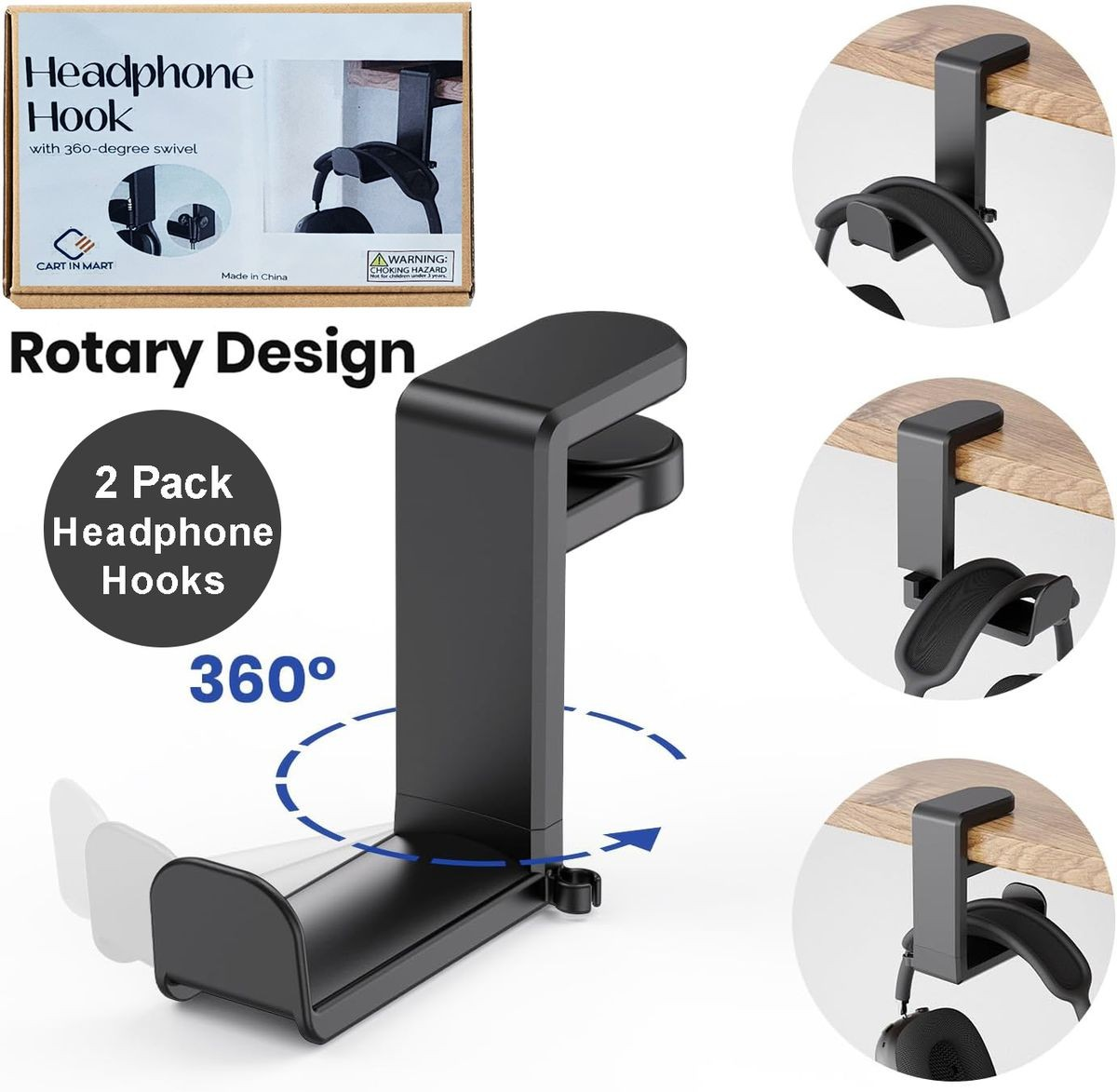 Cart In Mart 2-Pack 360 Rotating Headphone Stand Holder Gaming Swivel Headset Hanger