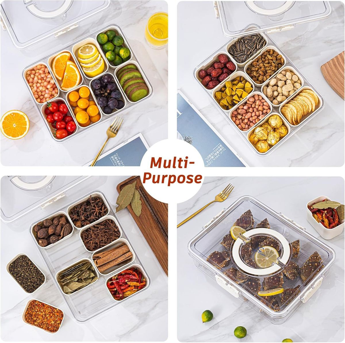 Cart In Mart Clear Divided Serving Tray Dish With Lid and Handle Snackle Box Container