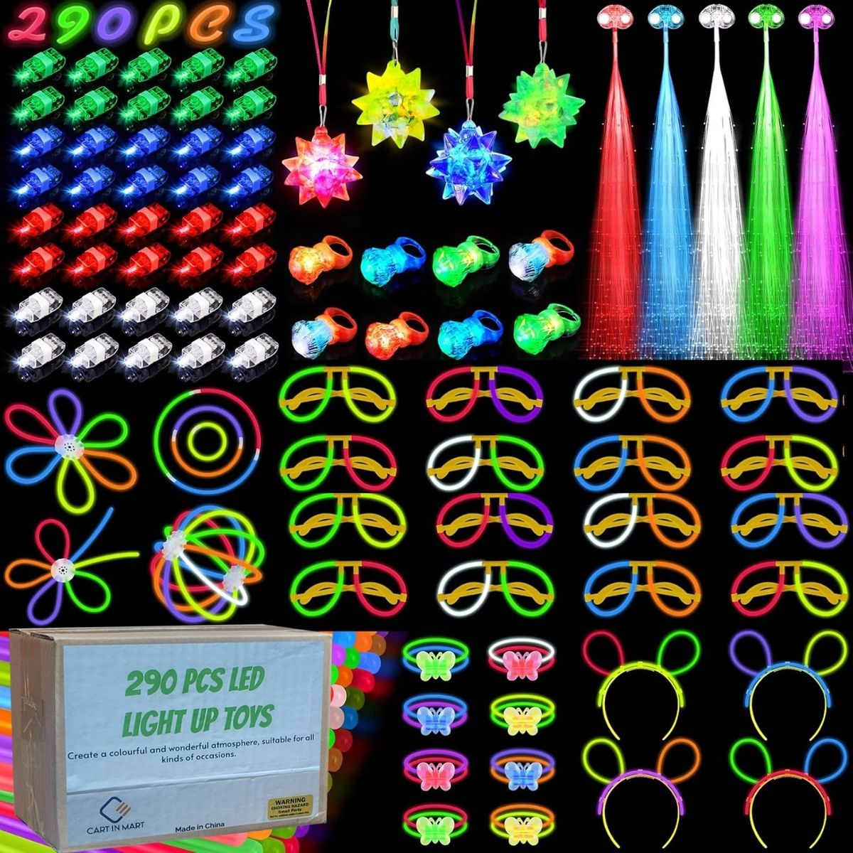 Cart In Mart 290 Pack Glow In The Dark Party Supplies Bulk LED Light Up Party Favor Toys