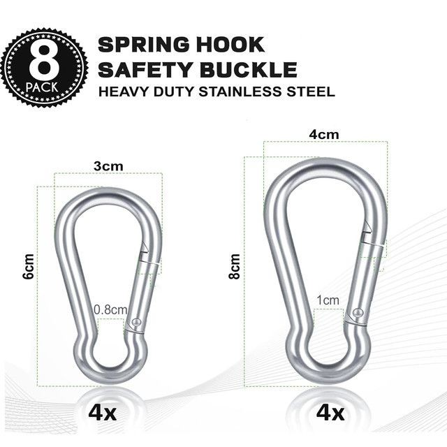 Cart In Mart 8 Piece Heavy Duty Carabiner Clips Steel Spring Snap Hook-8cm & 6cm(4 Each)