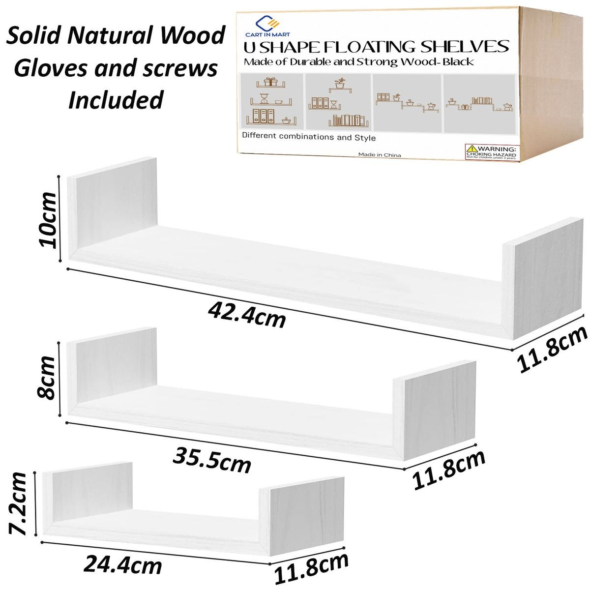 Cart In Mart 3 Piece U shape Wooden Floating Shelves For Bedroom Bathroom Wall Décor White