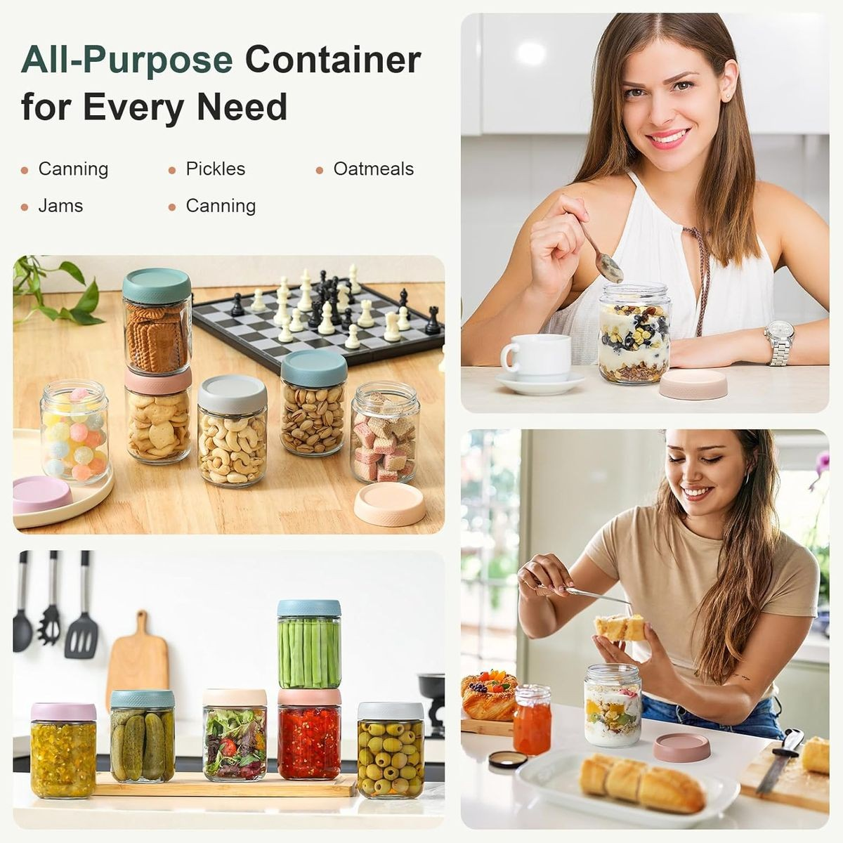 Cart in Mart 6-pack Overnight Oats Glass Jars Mason Containers With Airtight Lids-475ml