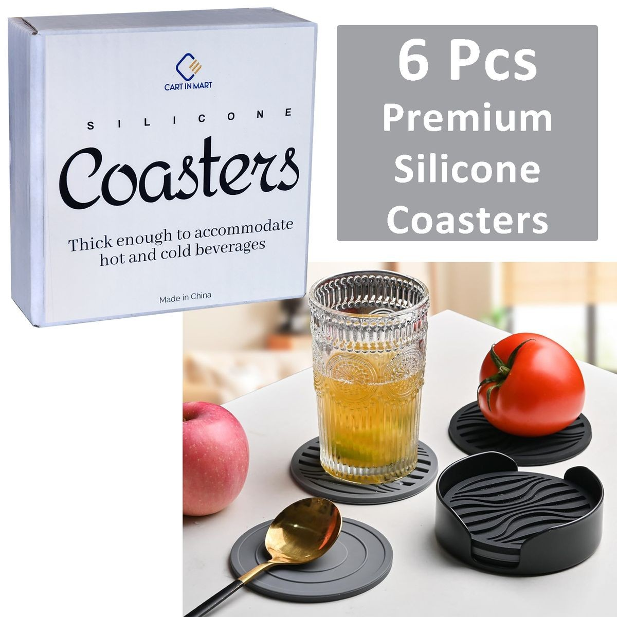 Cart In Mart 6 Pack Silicone Coasters Set With Holder For Drink Cup Barware - Grey