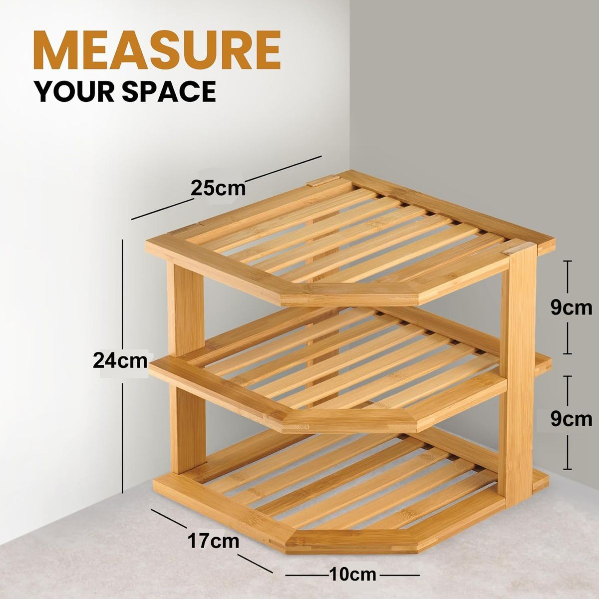 Cart In Mart 3 Tier-Bamboo Corner Shelf Plate Organizer For Kitchen and Bathroom Storage