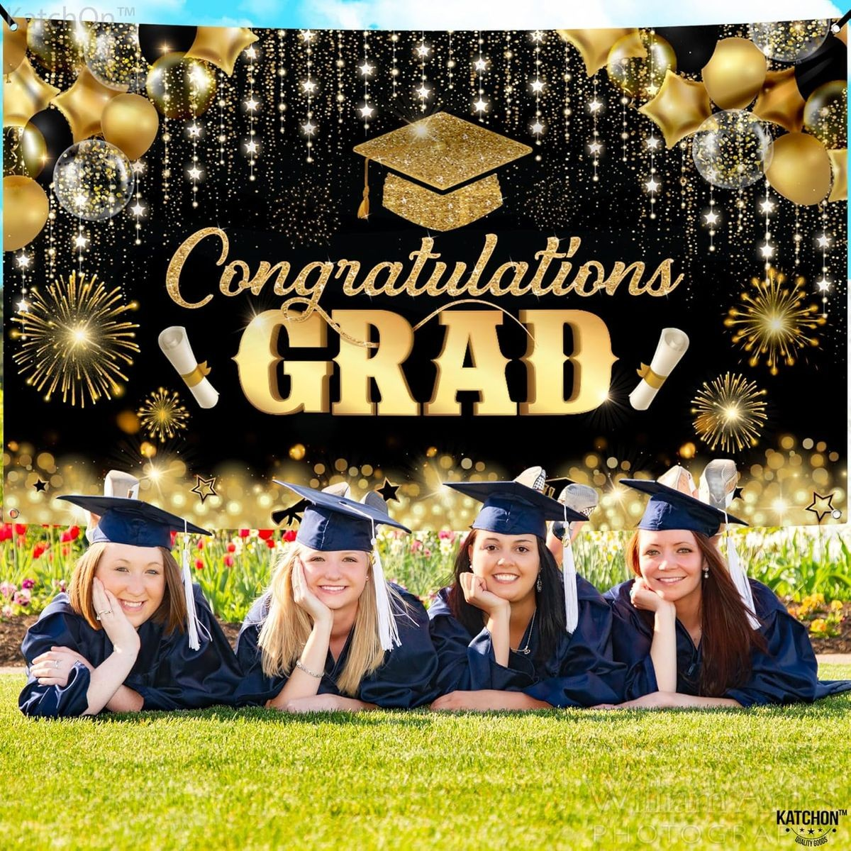 Cart In Mart Congratulations Graduation Banner Backdrop-180x110cm-Glitter Black & Gold