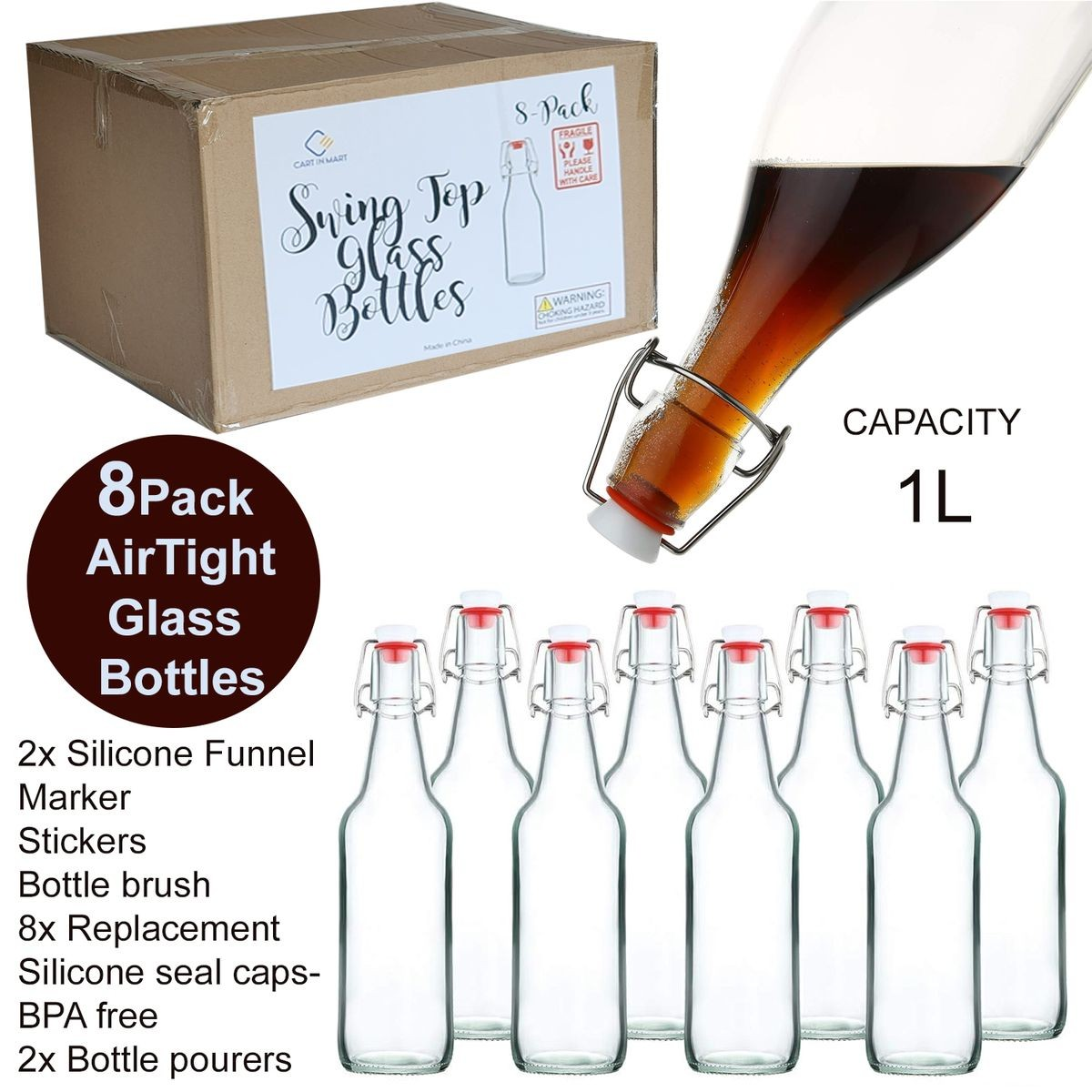 8-pack 1L reusable swing-top glass bottles with stainless steel flip-top lids and silicone seals