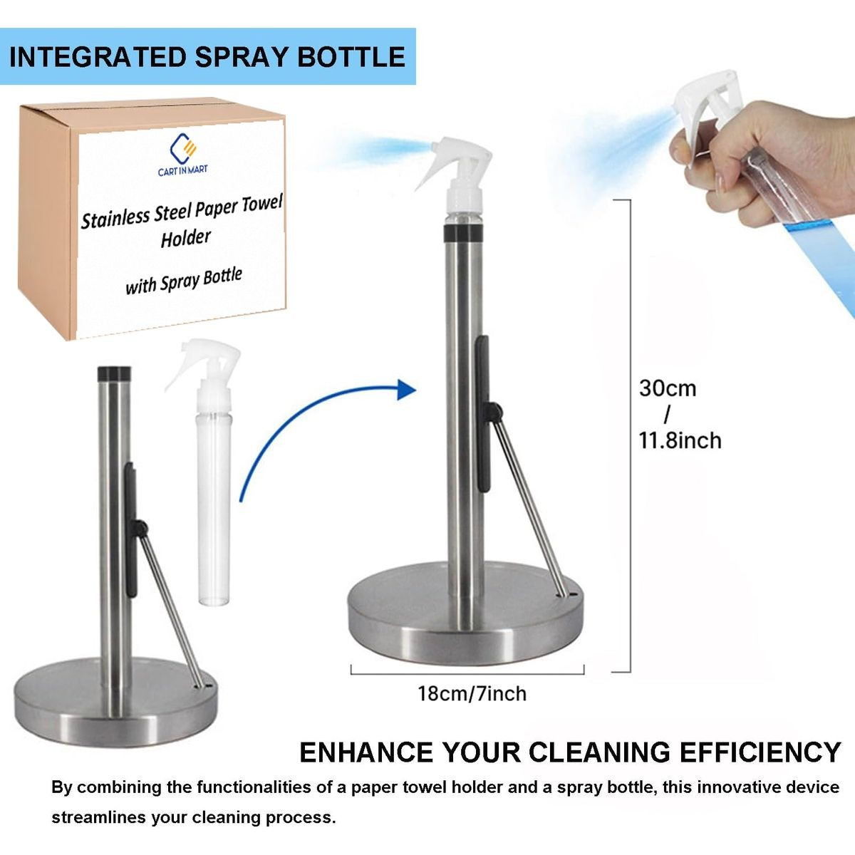Cart In Mart Kitchen Paper Towel Holder Stainless Steel With Sprayer,Arm & Weighted Base