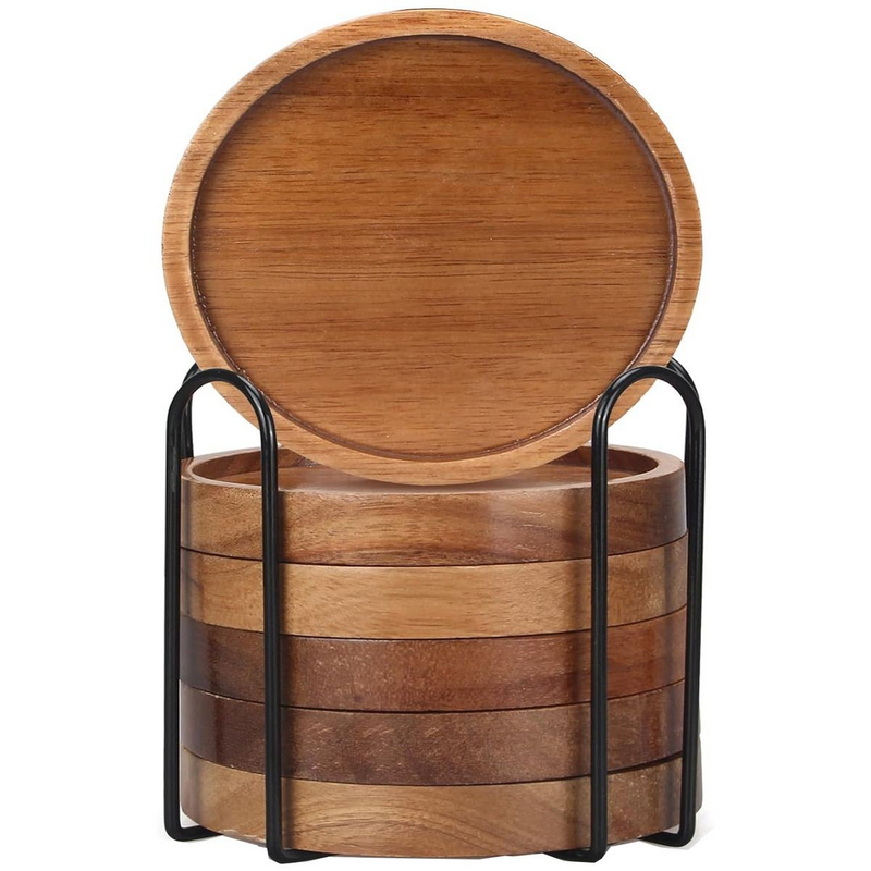Cart In Mart 6 Pack Wooden Drink Coasters With Holder For Cups Barware Coffee Cups Mugs