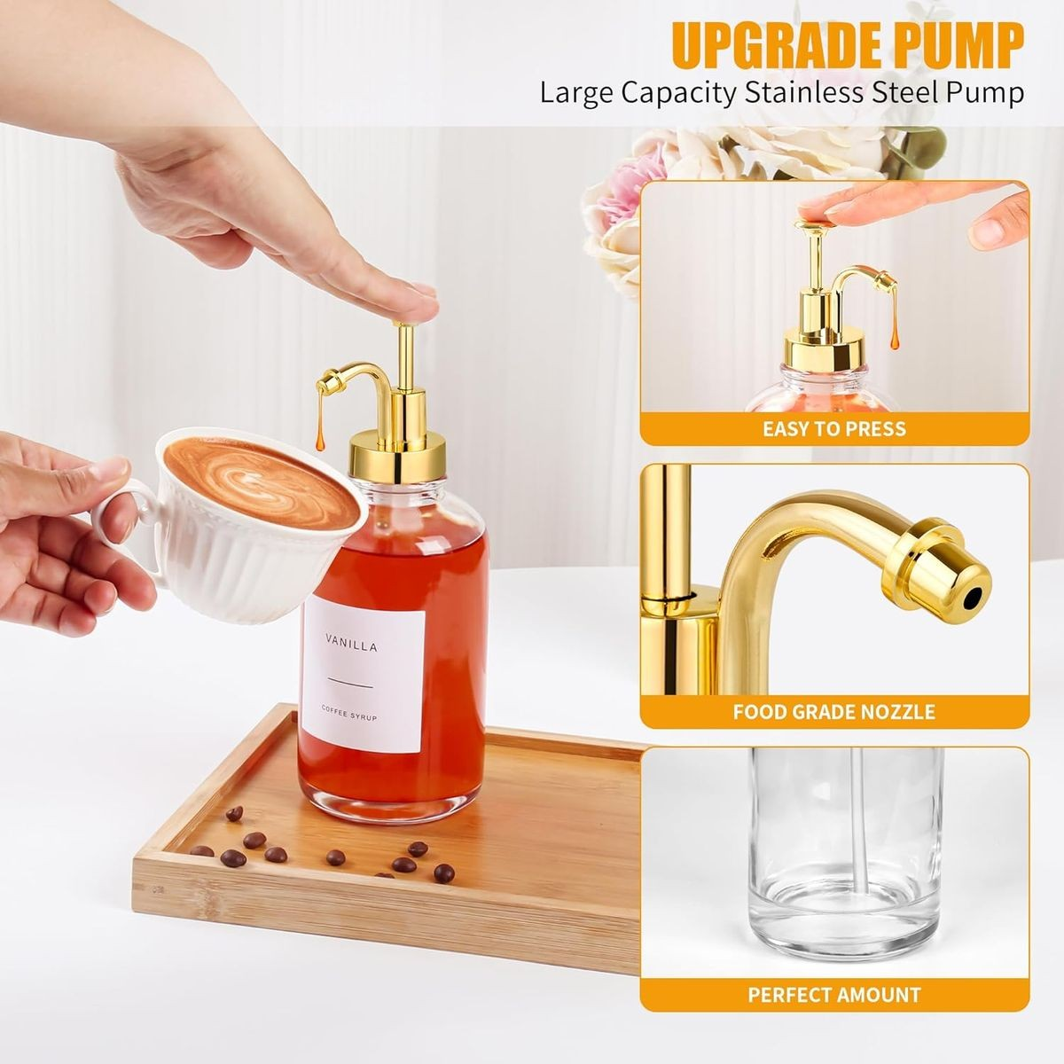 Cart In Mart 4 Pack Glass Coffee Syrup Dispenser With Labels, Gold Pump, Funnel 500ml