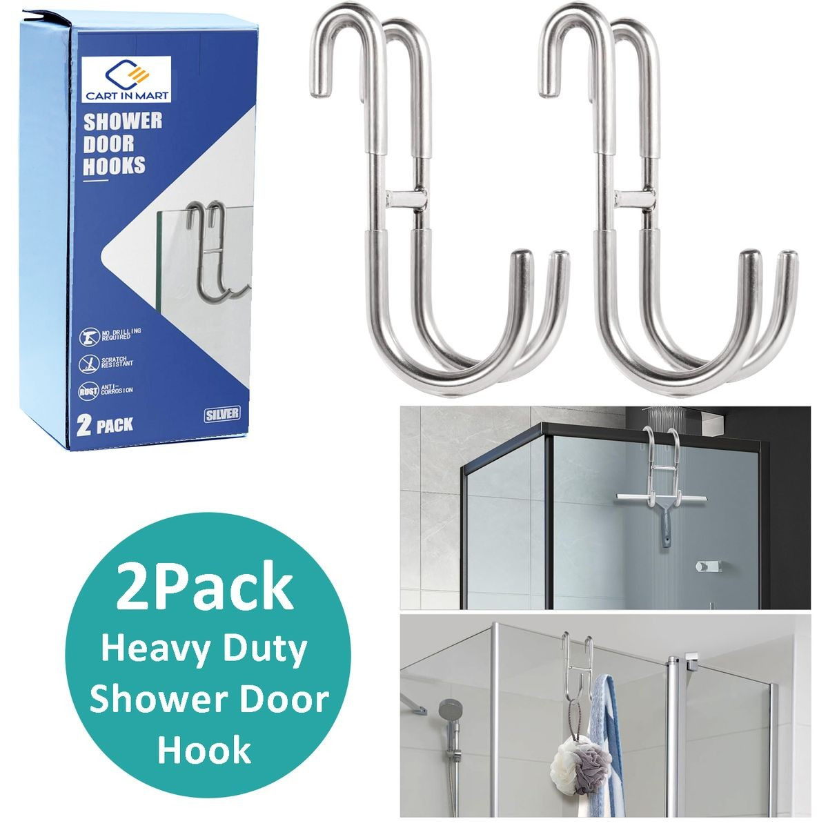 Cart In Mart Shower Door Towel Hooks Bathroom No Drill Over Glass-Multipurpose - Pack of 2