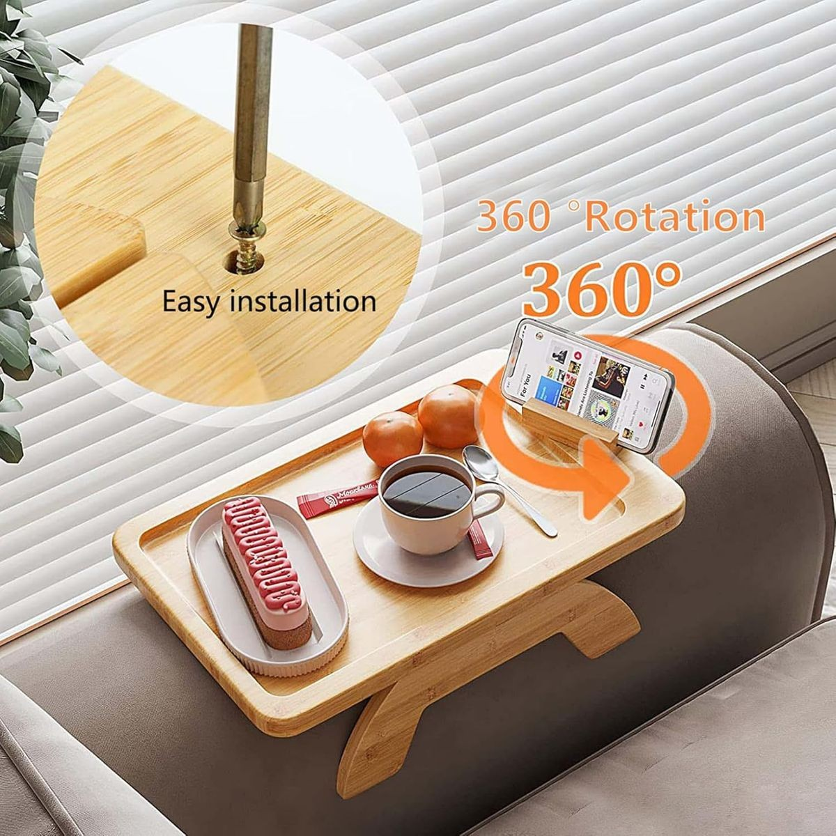 Cart in Mart Foldable Bamboo Couch Arm Tray Table with 360 Phone Holder For Sofa Side