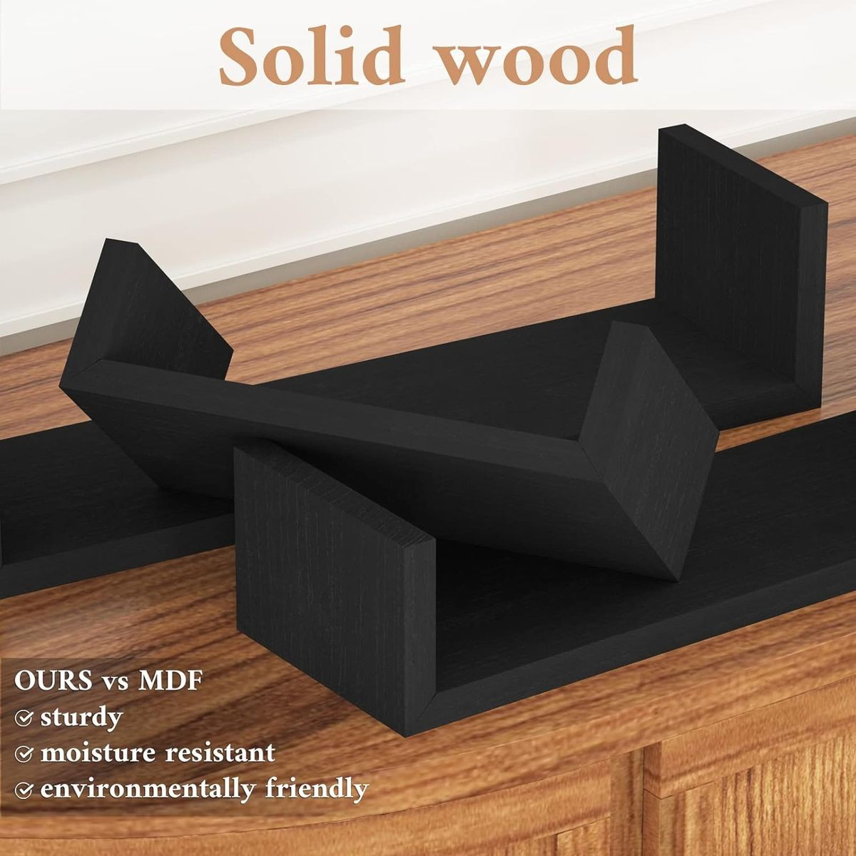 Cart In Mart 3 Piece U shape Wooden Floating Shelves For Bedroom Bathroom Wall Décor - Black