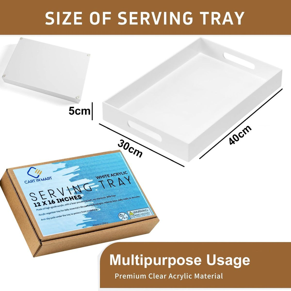 Cart In Mart Large Acrylic Serving Tray With Handles - Table Countertop Organiser Decor White