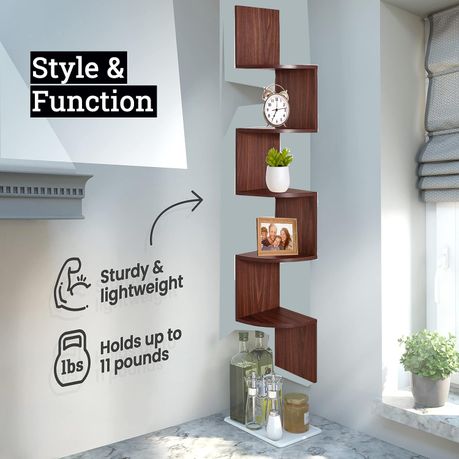 Cart In Mart 5 Tier Floating Corner Shelves For Wall Hanging Bookshelf DÃecor - 123cm Long - Deep Walnut - 123.0 cm