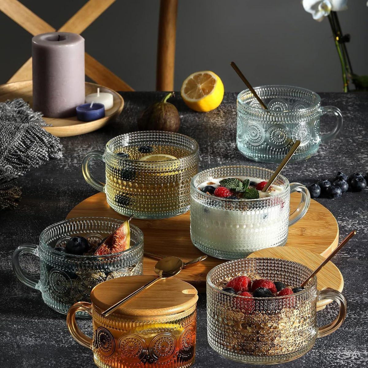 Cart In Mart 6-Pack (24 Piece) Vintage Glass Coffee Mugs Overnight Jars Tea Cups With Bamboo Lids