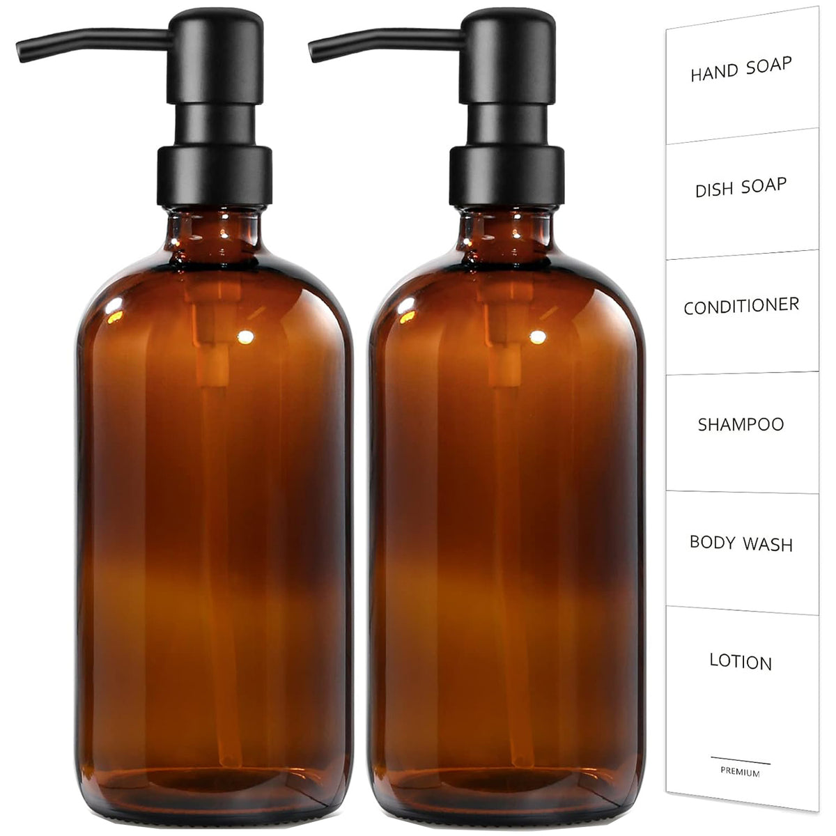 Cart In Mart 2 Pack Glass Soap Dispenser Amber Refillable Stainless Steel Pump & Labels