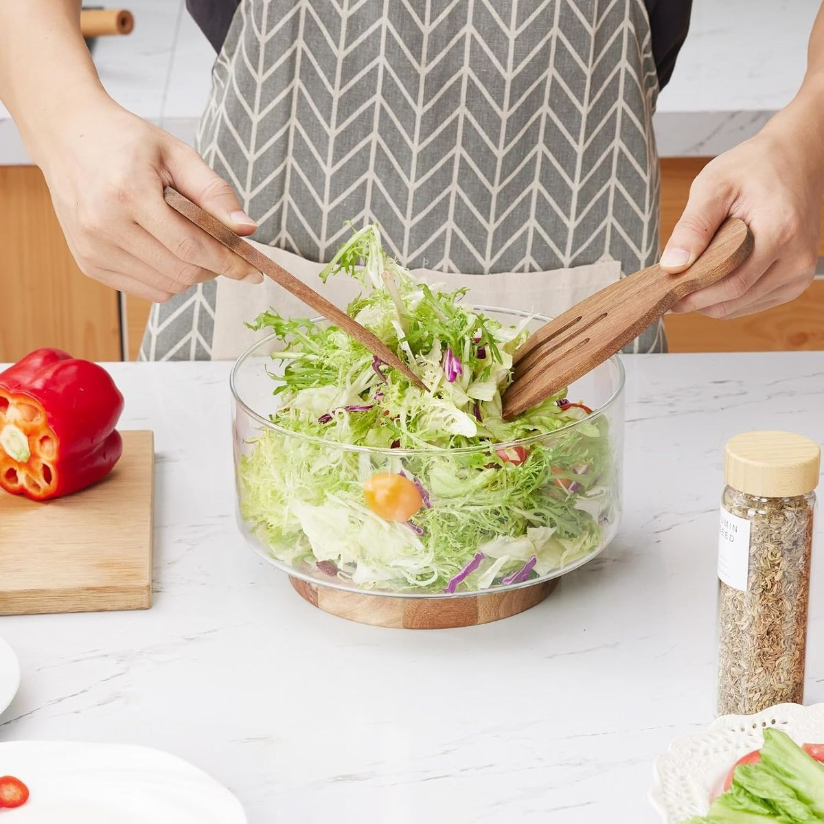 Cart In Mart Extra Large Glass Salad Bowl Set With Wood Base & Serving Utensils-Modern