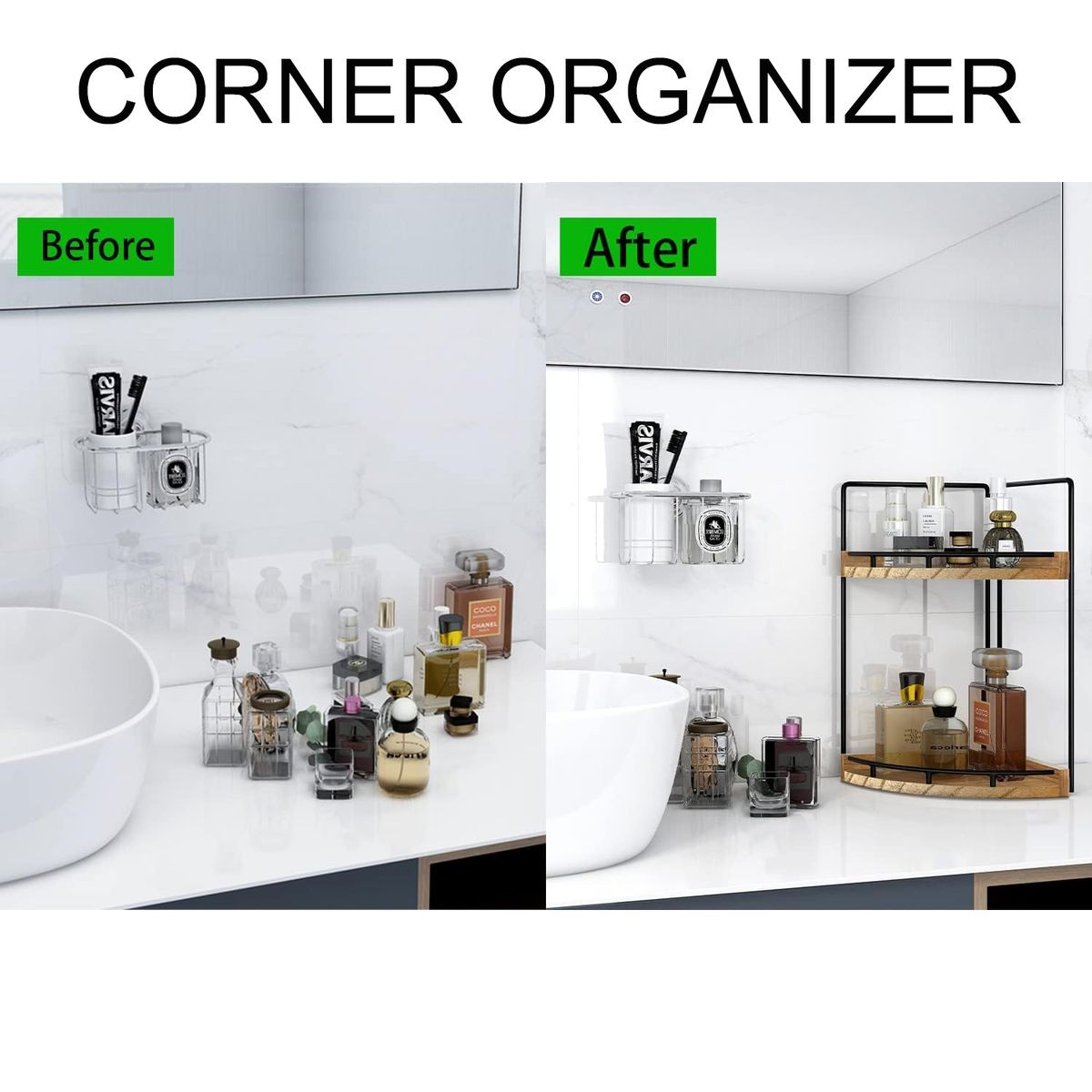 Cart In Mart 2-Tier Vanity Bathroom Counter Corner Shelf Organiser Kitchen Storage-Wood