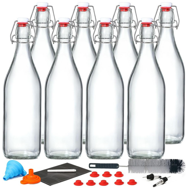 Cart In Mart 8 Pack 1L Swing Top Glass Bottles With Flip Top Lid 8 Extra Seals & Pourer