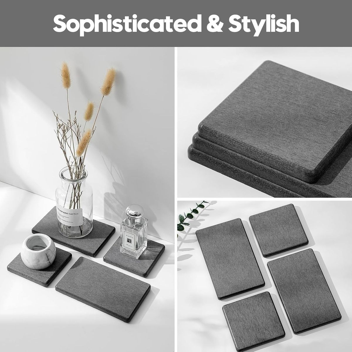 Cart In Mart 4 Pack Diatomite Coasters Water Absorbant Stone Trays For Bathroom/Kitchen Dark Grey