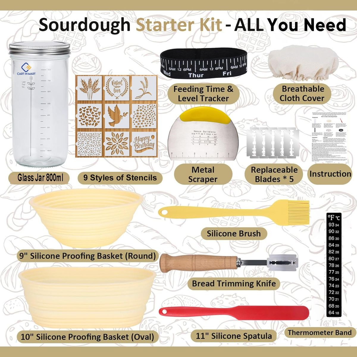Cart In Mart Sourdough Starter Kit With Bread Proofing Basket,Glass Jar, Baking Supplies