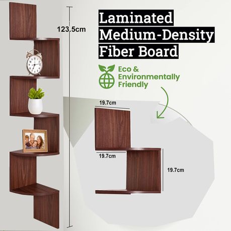 Cart In Mart 5 Tier Floating Corner Shelves For Wall Hanging Bookshelf DÃecor - 123cm Long - Deep Walnut - 123.0 cm