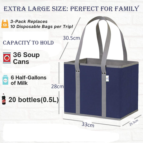 Cart In Mart 3 Pack Reusable Grocery Bags Large Tote Folding Shopping Bag-Navy Blue